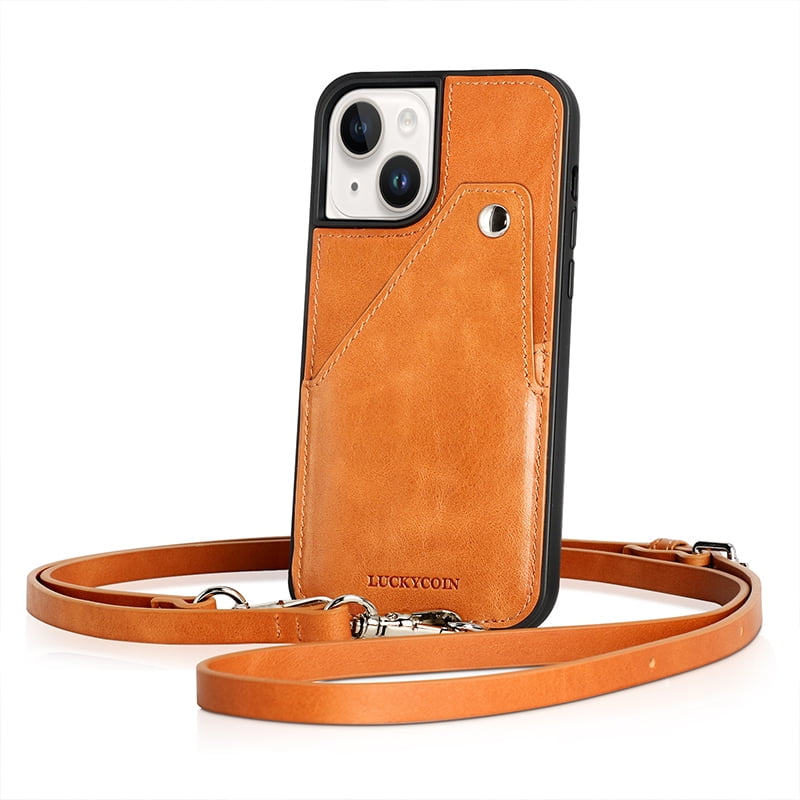 Luckycoin Brown Handmade Genuine Leather Crossbody Case for iPhone 14 Case 6.1-Inch,with Strap and Flip Wallet Card Holder,Shockproof Durable Scratch Protective