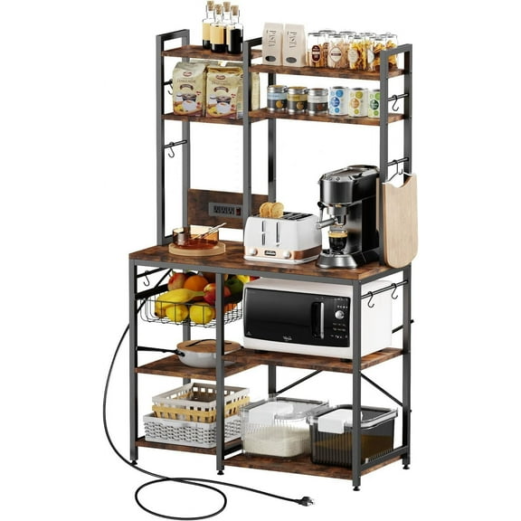 Luckyeestar 6-Tier Kitchen Baker’s Rack with Power Outlet, 6-Tier Microwave Stand, Coffee Bar with 12 S-Shaped Hooks, Kitchen Shelf with Wire Basket, Coffee Bar Station, Rustic Brown
