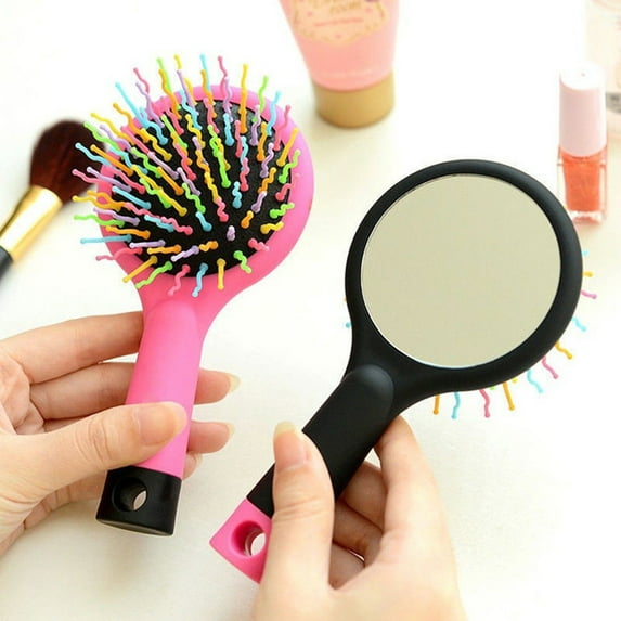 Luckymimi 2 in 1 Girl Rainbow S-Curl Wave Brush Mirror Comb Anti-static Massage Hairbrush Black