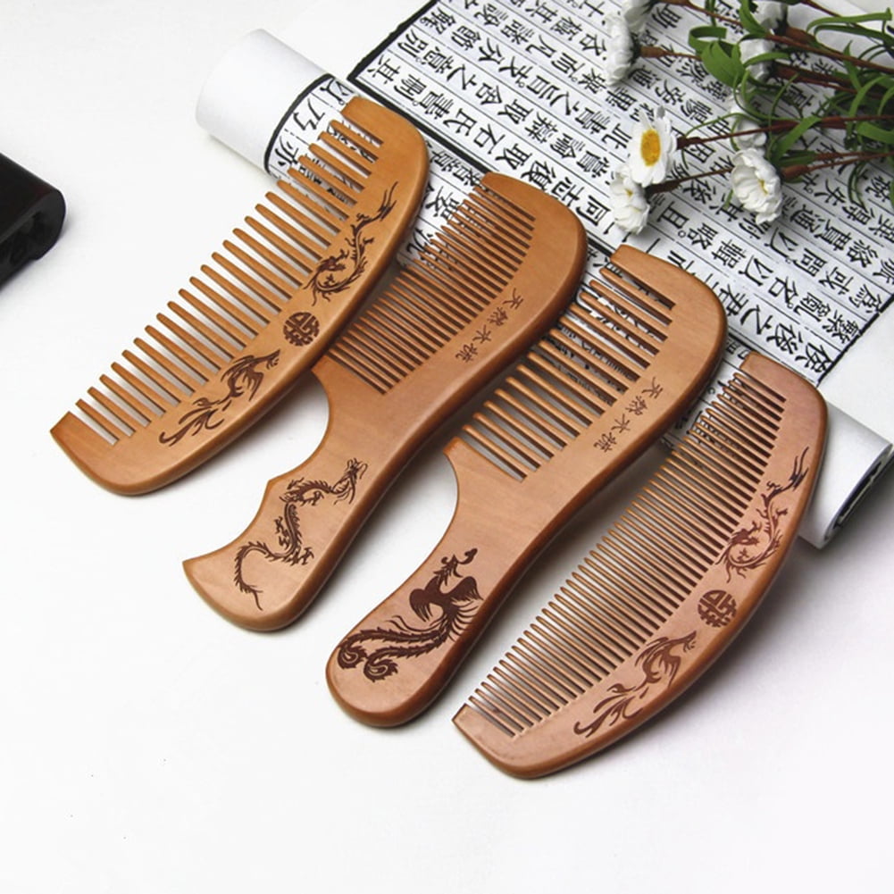 Luckymimi Dragon Phoenix Engraved Peach Wood Healthy Massage Anti