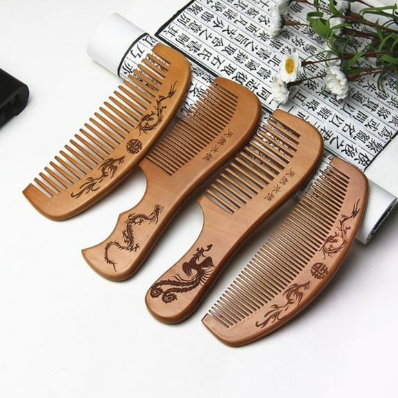 Luckymimi Dragon Phoenix Engraved Peach Wood Healthy Massage Anti-Static Hair Care Comb 4