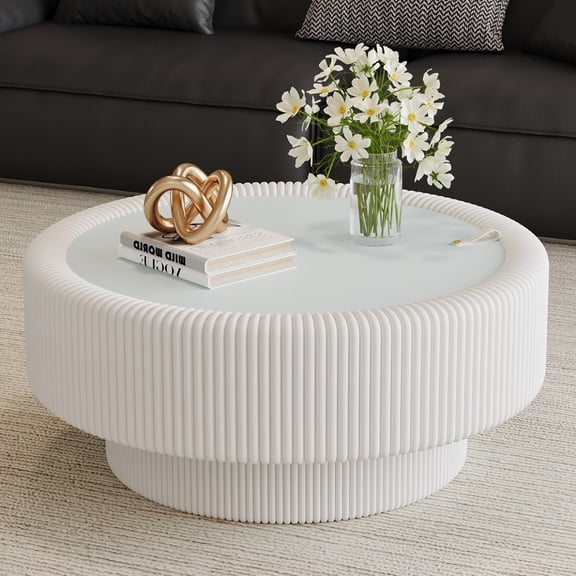 Luckynote 31.5" Fluted Round Storage Coffee Table - Tempered Glass Top & Premium Leather Wrapped, Modern White Coffee Table with Hidden Storage for Living Room