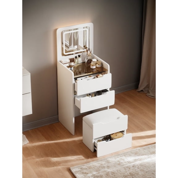 [Luckynote](48CM) 3 in 1 Vanity Desk with Plip Top Mirror, Small Make Up Vanity Set with Visible Glass Desktop, Compact Makeup Vanity with 3 Drawers, Dressing Table for Bedroom