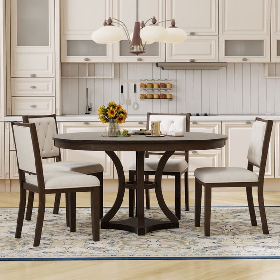 Luckynote 5-Piece Retro Functional Dining Table Set Extendable Round Table and 4 Upholstered Chairs for Dining Room and Living Room (Espresso)