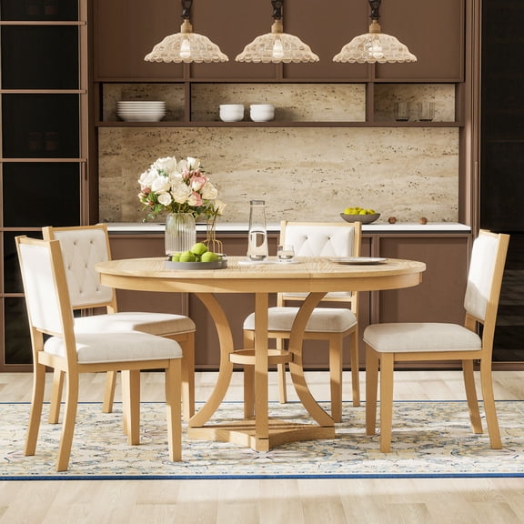 Luckynote 5-Piece Retro Functional Dining Table Set Extendable Round Table and 4 Upholstered Chairs for Dining Room and Living Room (Natural)
