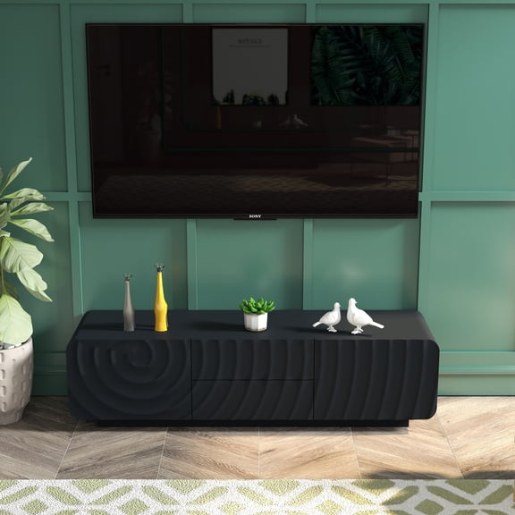 [Luckynote]58''Tv Console With Modern Unique Spiral Wave Design With Storage Cabinet And 2 Drawers Tv Stand For Living Room, Bedroom, Black