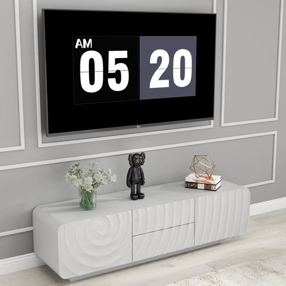 [Luckynote]58''Tv Console With Modern Unique Spiral Wave Design With Storage Cabinet And 2 Drawers Tv Stand For Living Room, Bedroom, White