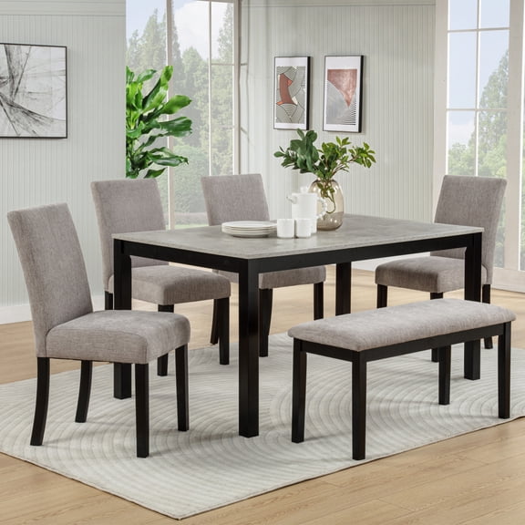 [Luckynote]6-Piece Dining Table Set with Bench, Solid Wood Kitchen Table with Concrete-Effect Tabletop and 4 Upholstered Chairs, Modern Dining Room Furniture for Dining Room, Kitchen, Restaurant, Gre