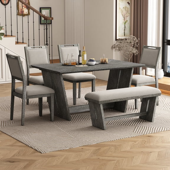 Luckynote 6-Piece Retro Dining Table Set for 6, 60" Wood Kitchen Table and Chairs Set of 4 with Bench Designed Trestle Base for kitchen & Dining Room (Gray)
