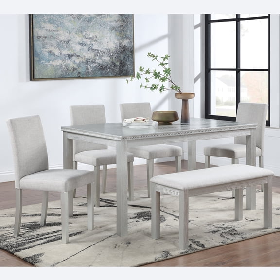 Luckynote 6 Piece Wooden Dining Table Set, Wooden Dining Table with 4 Upholstered Chairs and Bench for 6 People, Rectangular Dining Table Set with Crystal Decoration for Kitchen, Dining Room, Silver