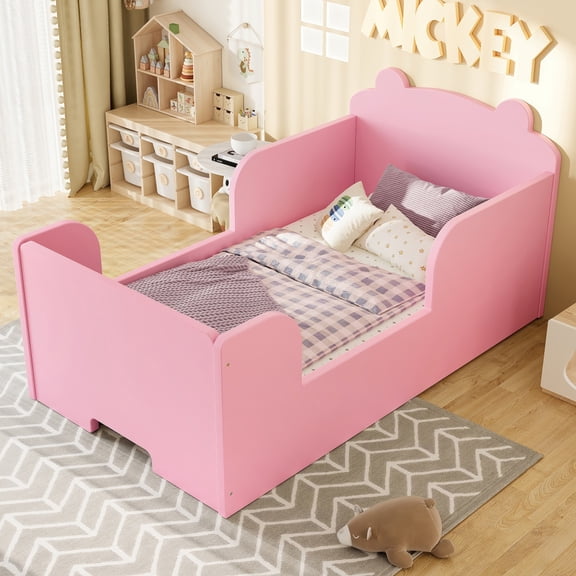 Luckynote Bear Shaped Floor Bed Frame, Low Profile No Box Spring Needed for Bedroom, Pink