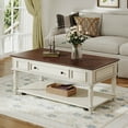 thumbnail image 1 of [Luckynote]Coffee Table with One Drawer, Easy Assembly, Retro Movable Rectangular Cocktail Table with Lockable Wheels, Country Style Center Table with Solid Wood Legs for Living Room, Walnut+White, 1 of 10