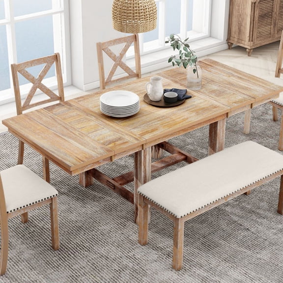 Luckynote Farmhouse 82inch 6-Piece Extendable Dining Table with Footrest, 4 Upholstered Dining Chairs and Dining Bench, Two 11"Removable Leaf, Natural+Beige Cushion