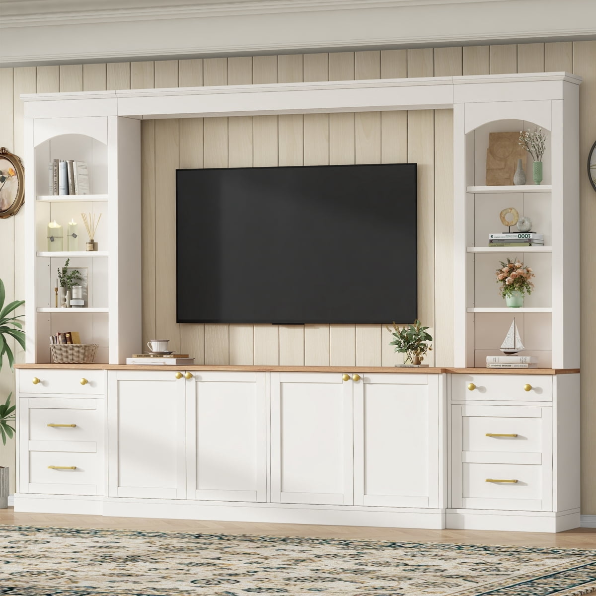 Luckynote Farmhouse Arched Entertainment Center Wall Unit with ...