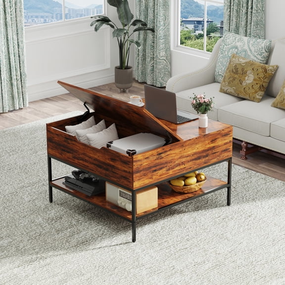 Luckynote Flip-Top Coffee Table with Storage - Dark Walnut & Black Metal - 31.5" Lift-Top Design w/Hidden Compartment - Easy Assembly Living Room Table