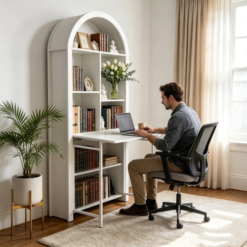 Luckynote Folding Craft Desk with Storage Shelves, Convertible Hideaway Desk to Bookshelf, Foldable Desk with Storage, Disappearing Desk for Small Spaces, Multifunctional Converted Craft Table, Vani