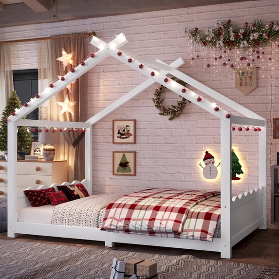 Luckynote Full House Floor Bed with Support Slats, Solid Wood House Bed Frame , No Box Spring Needed and Opening Constructure, White