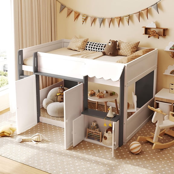 Luckynote Full House Loft Bed, Wood Frame with Playhouse Design and Storage, White and Gray