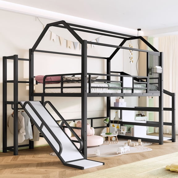Luckynote Full Loft Bed with Slide and Stairs, Playhouse House Loft Bed, Metal Frame with Storage Shelves, Space Saving Design, Black