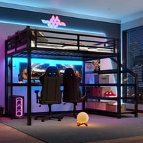 [Luckynote]Full Loft Bed with Desk and Storage Stairs, Metal Loft Beds with LED Lights, USB Ports, Multifunctional Iron Nets, No Spring Box Needed and Noise-free, Black