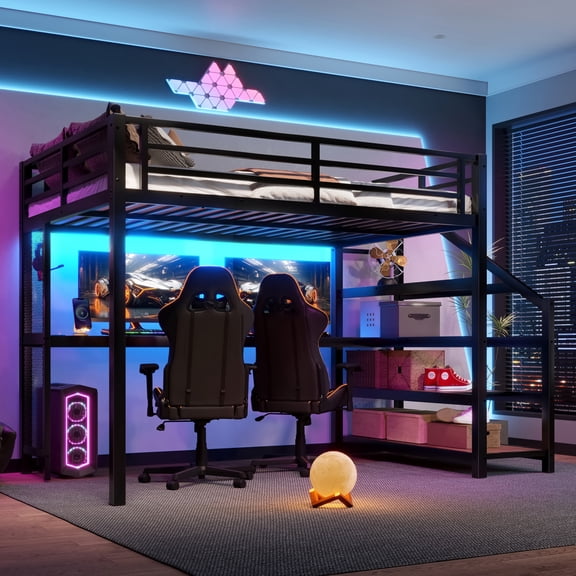 [Luckynote]Full Loft Bed with Desk and Storage Stairs, Metal Loft Beds with LED Lights, USB Ports, Multifunctional Iron Nets, No Spring Box Needed and Noise-free, Black