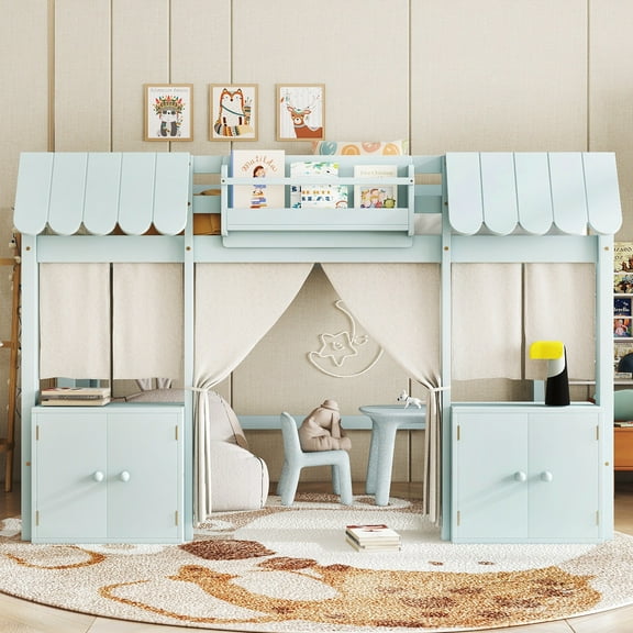 [Luckynote]Full Loft Bed with Built-in Bookshelf, Curtain, and Storage Shelf Amusement Park-Inspired Playful Design Safety Guardrails, Blue