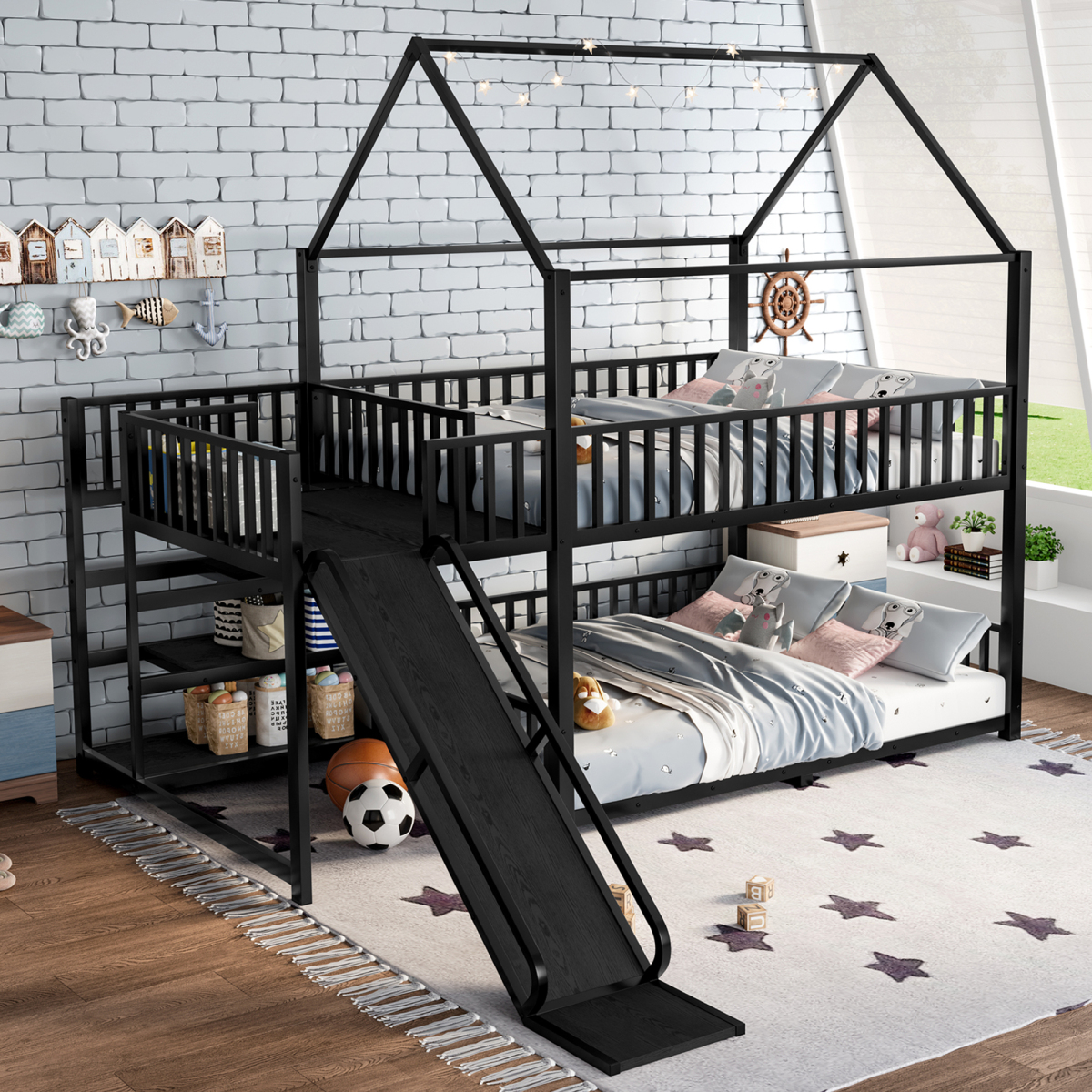 [Luckynote]Full Metal House Bunk Bed with Storage Stairs, Slide, Safety ...