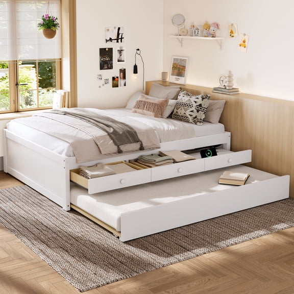 Luckynote Full Platform Bed, with Trundle and 2 Drawers, Solid Wood Modern Bed with Power Strip, Space Saving Storage Bed, White
