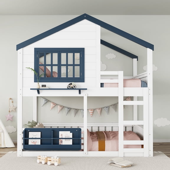 [Luckynote]Full Size Bunk Bed/Loft Bed with Bookshelf, House Design, High-Quality Safety Fencing,White & Blue
