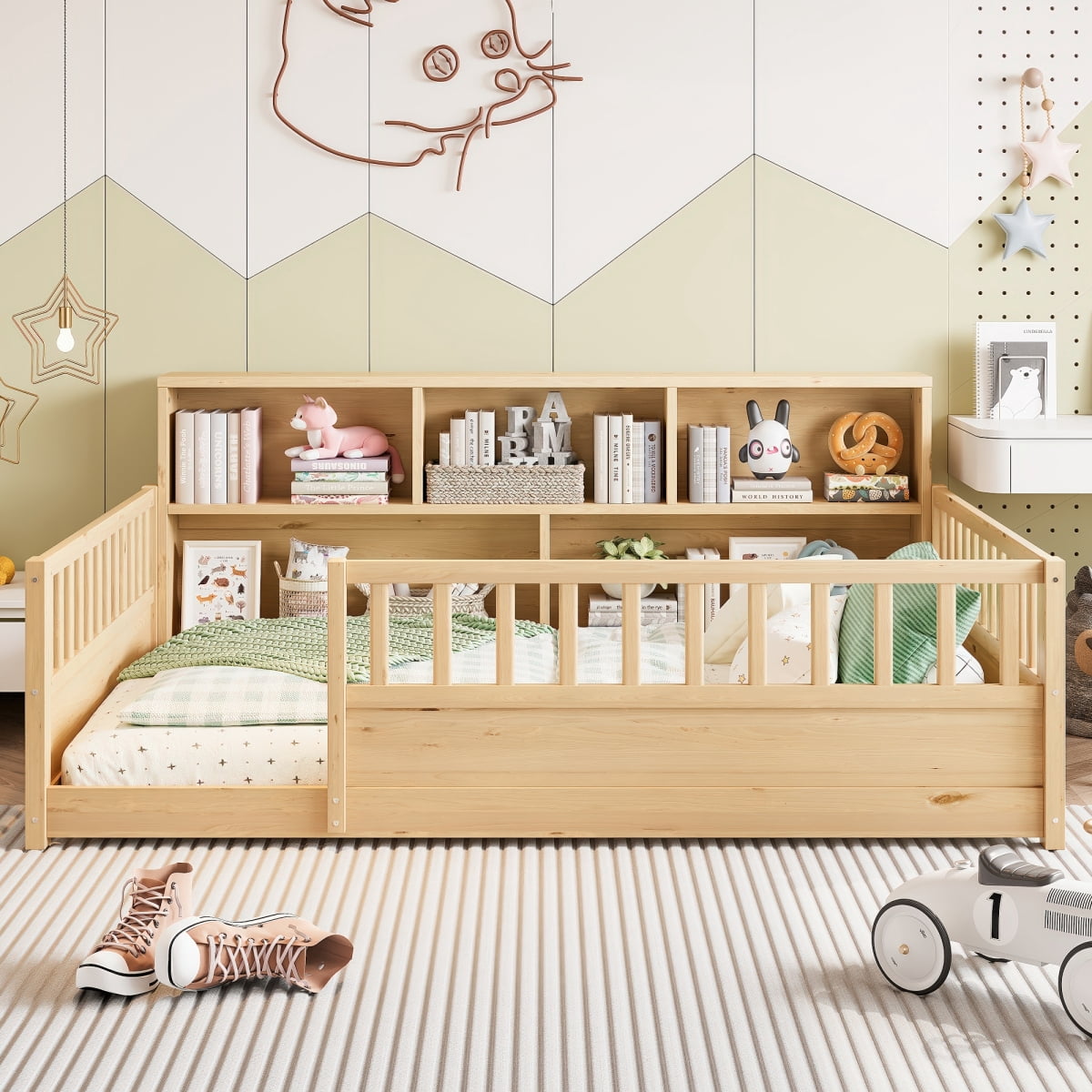 Luckynote Full Size Floor Bed, Wooden Frame with Fence Guardrail, Side Storage, Low Profile Platform for Small Space Bedrooms, Natural Wood