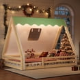 thumbnail image 1 of [Luckynote]Full Size House Floor Bed with Tent and Light, Solid Wood Teepee Floor Bed with Full-length Guardrails, Montessori and Childlike Design,Natural+Green, 1 of 14
