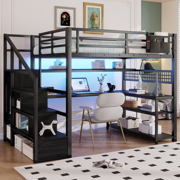 Luckynote Full Size Loft Bed with Staircase and Wardrobe, Metal Loft Bed with Desk, Storage Shelves, LED Lights and Charge Station,Black