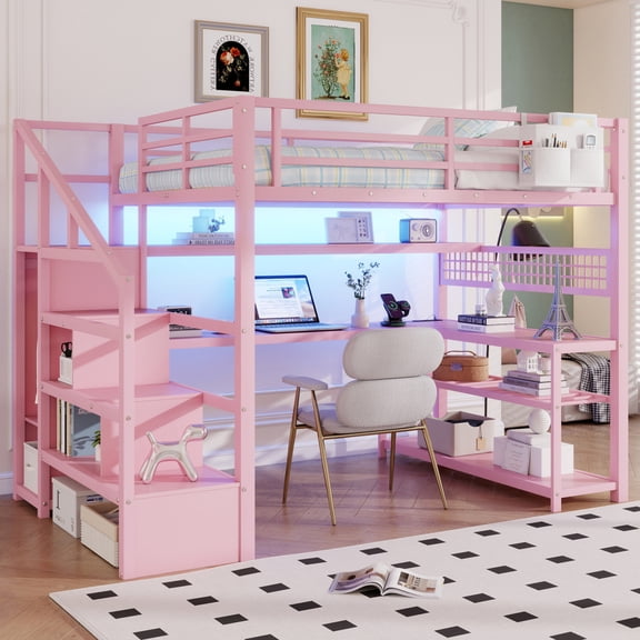 Luckynote Full Size Loft Bed with Staircase and Wardrobe, Metal Loft Bed with Desk, Storage Shelves, LED Lights and Charge Station, Pink