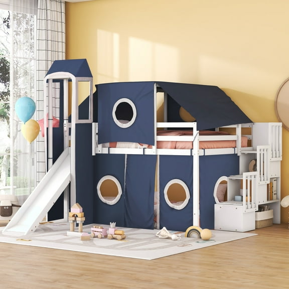 [Luckynote]Full Size Loft Bed with Tent and Tower - Blue