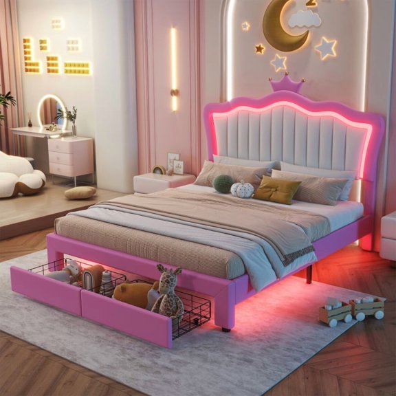 Luckynote Full Size Upholstered Bed Frame with LED Lights, Modern Upholstered Princess Bed with Crown Headboard, 2 Drawers, Pink+White