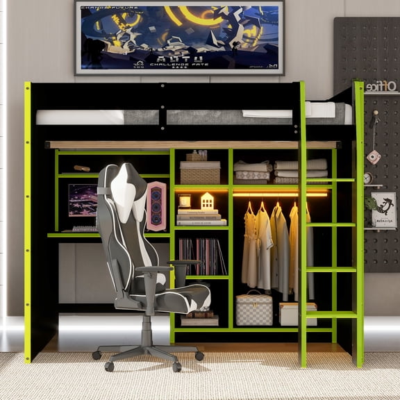 [Luckynote]Full Size Wood Loft Bed with Desk,Open Wardrobe,Storage Compartments and RGB Lights,Green