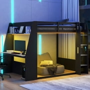 Luckynote Full Size Wooden Gaming Bunk Bed with Desk,Two Storage Shelves,USB and LED Light