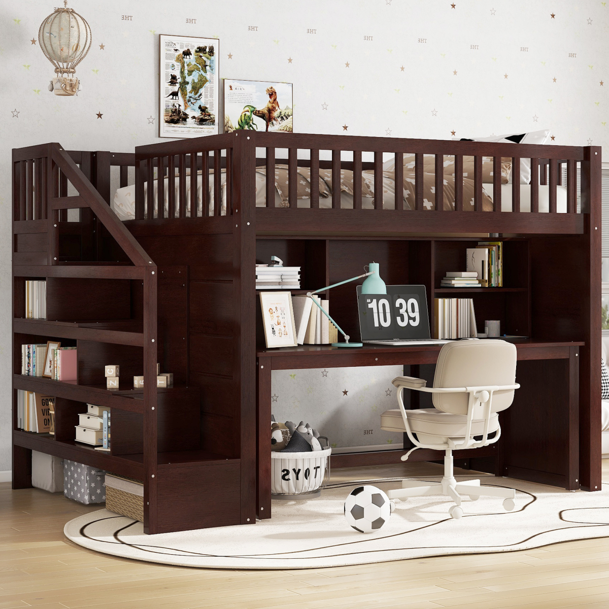 [Luckynote]Full Size loft bed with movable desk and storage shelf ...