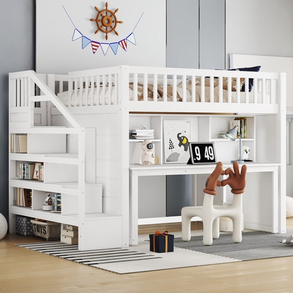 [Luckynote]Full Size loft bed with movable desk and storage shelf, featuring storage stairs,White