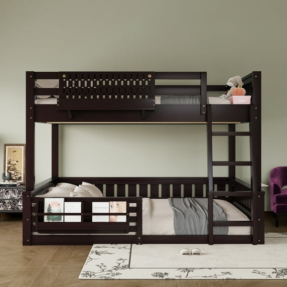 Luckynote Full XL over Queen Bunk Bed, Bookshelf Bed Frame with Ladder, Guard, and Pegboard, Espresso