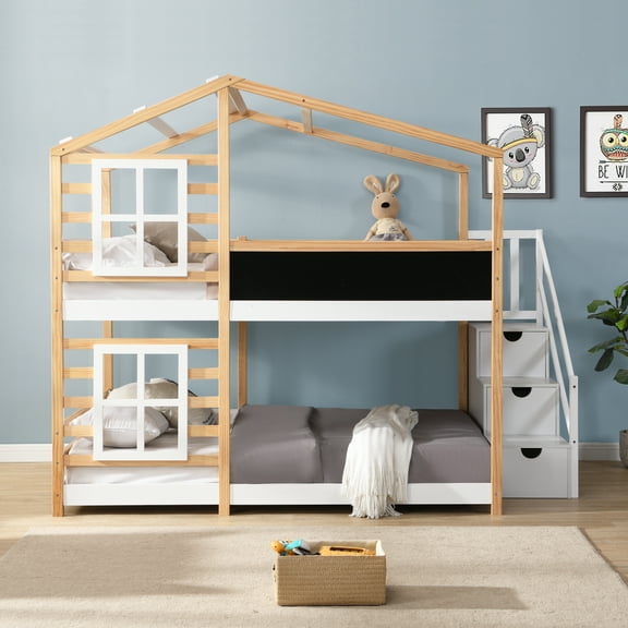 [Luckynote]Full over Full Bunk Bed House Bed With Roof Windows Blackboard And Storage Ladder Platform Bed,bed Frame