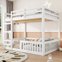 [Luckynote]Full over Full Wood Bunk Bed with Ladder and Guardrails, White