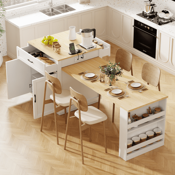 Luckynote K&K 82.7 inch Kitchen Island with Extendable Dining Table for 4-6 Person,Two-tone Kitchen Table with Double-sized Storage, Power Outlet, Kitchen island with Storage 2 Drawers 2 Side Open S