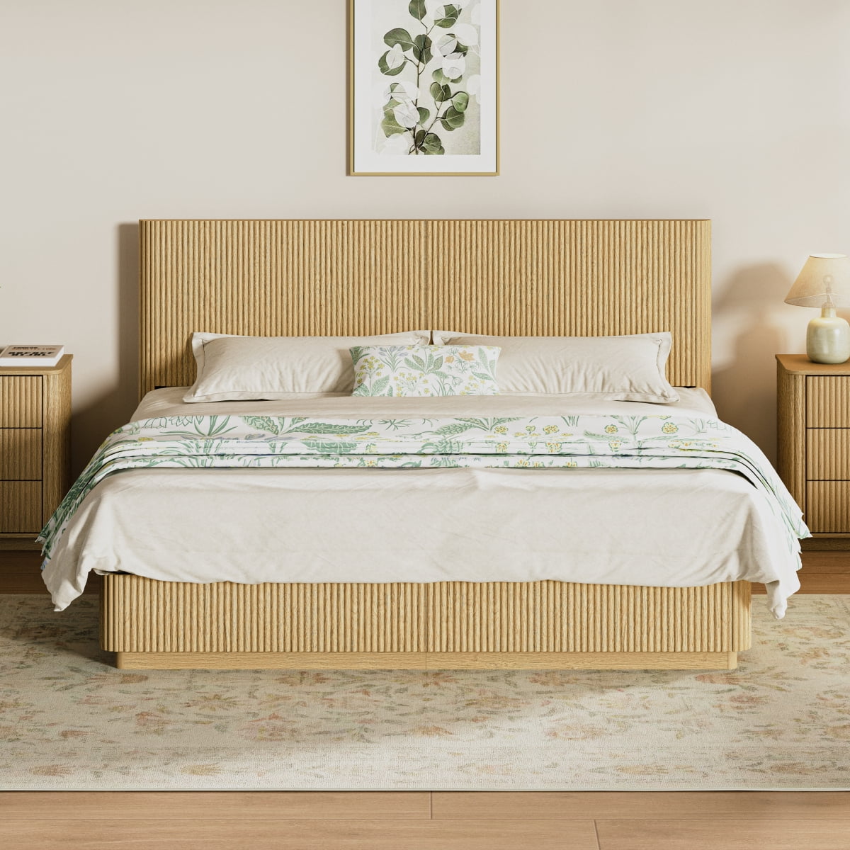 Luckynote Kind Size Bed Frame with LED Lights, Modern Wooden Corrugated Curved Lines, Convex Groove Board Design, Oak.