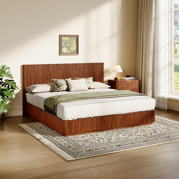 Luckynote Kind Size Bed Frame with LED Lights, Modern Wooden Corrugated Curved Lines, Convex Groove Board Design, Walnut.