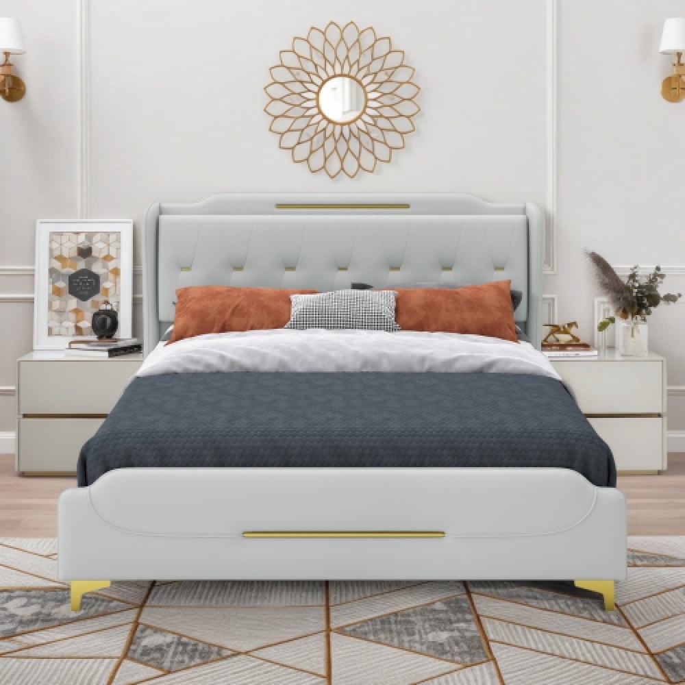 [Luckynote]King Size Leather Bed frame with Wingback Headboard & Footboard, PU Upholstered Platform bed, Solid Wooden Slats Support, Easy Assembly