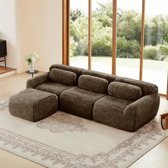 [Luckynote]L-Shaped Boneless Sofa, Chocolate, Plush Fabric, 32D High-Density Sponge, No Assembly, Anti-Slip Base, Movable Ottoman, for Living Room