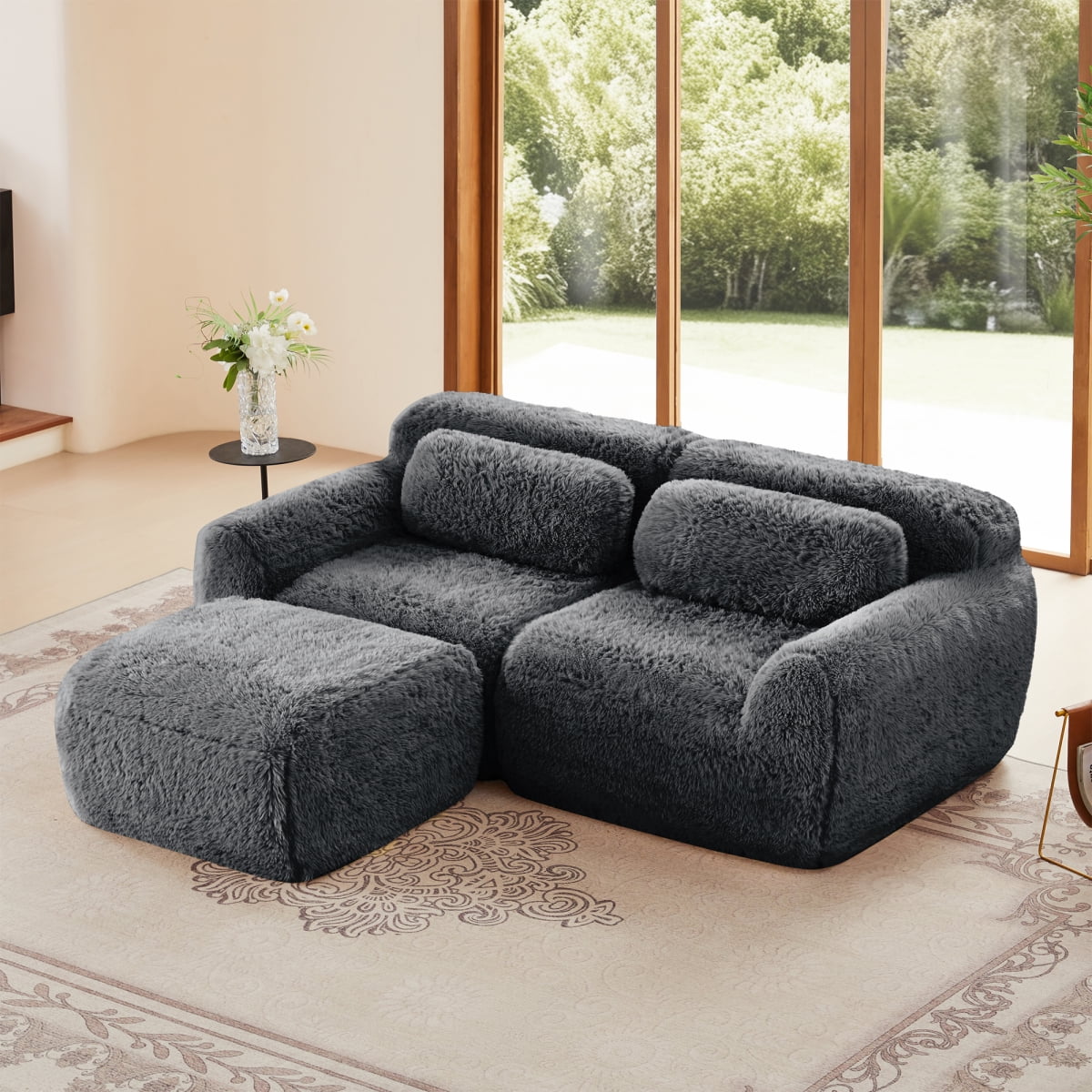 [Luckynote]L-Shaped Boneless Sofa with Chaise, Dark Grey, Plush Fabric ...
