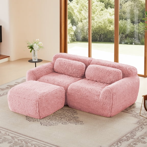 [Luckynote]L-shaped Boneless Sofa,Soft Fluffy Plush Fabric,With Chaise 32D High Density Sponge,No Assembly Required,Ergonomic Design Bottom Anti-Slip Design,With Throw Pillows,Fits Bedrooms,Pink