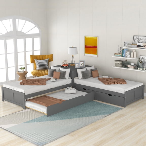Luckynote L-shaped Platform Bed with Trundle and Drawers Linked with built-in Desk,Twin,Gray